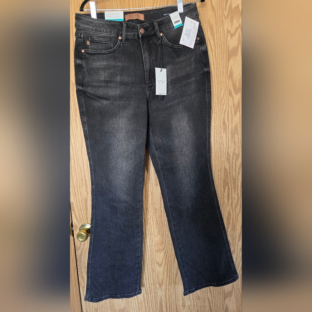 Judy Blue Tummy Control High Waist Dark Gray/distressed Black Straight Leg Jeans